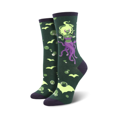 dark green purple bat socks. cartoon mermaid with purple tentacles, green hair, and seashell bra. women's crew. myths & legends theme.    