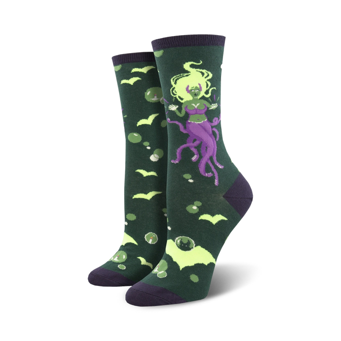 dark green purple bat socks. cartoon mermaid with purple tentacles, green hair, and seashell bra. women's crew. myths & legends theme.     }}