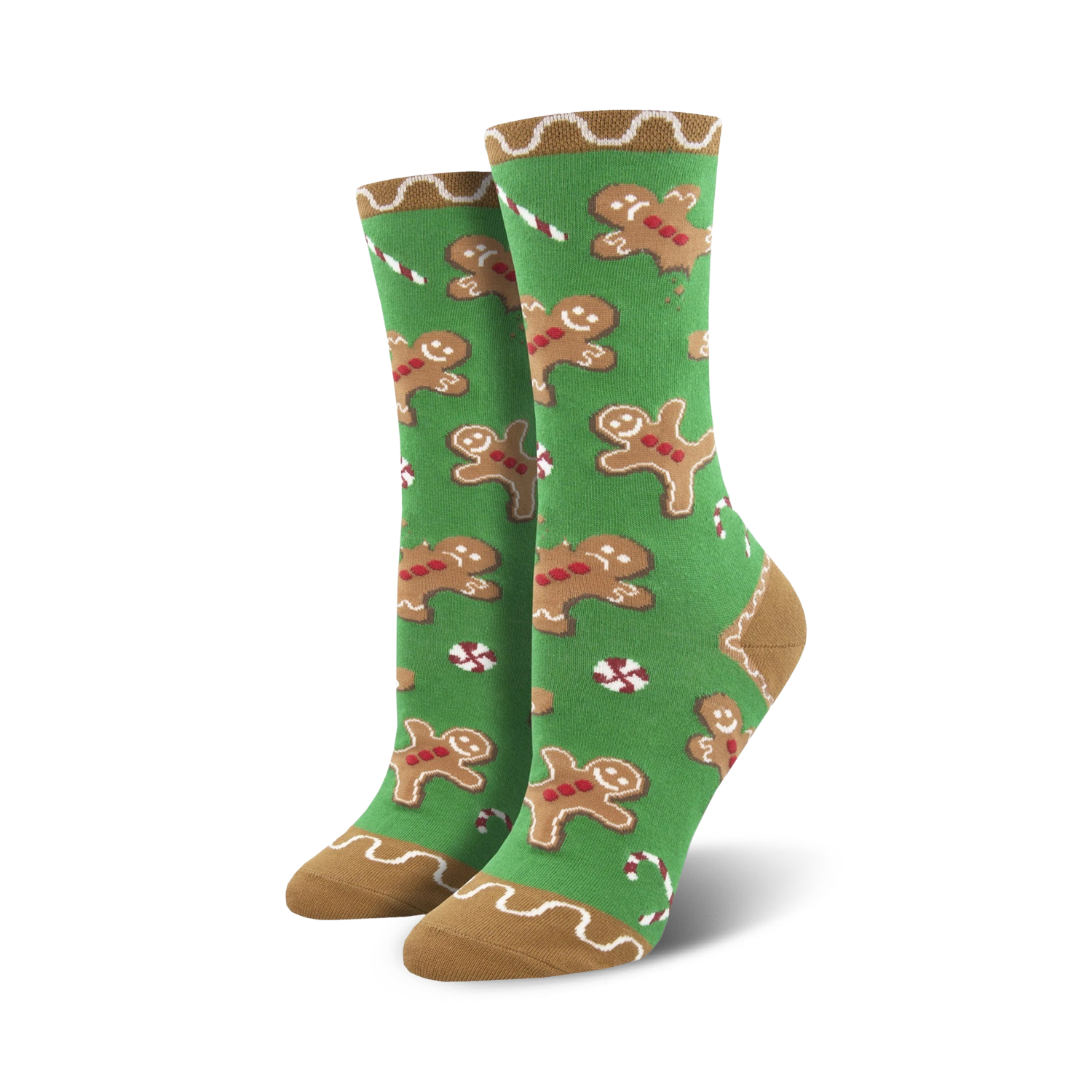 Pair of crew socks with a festive design. Green background with gingerbread men and candy canes. Tan cuff.