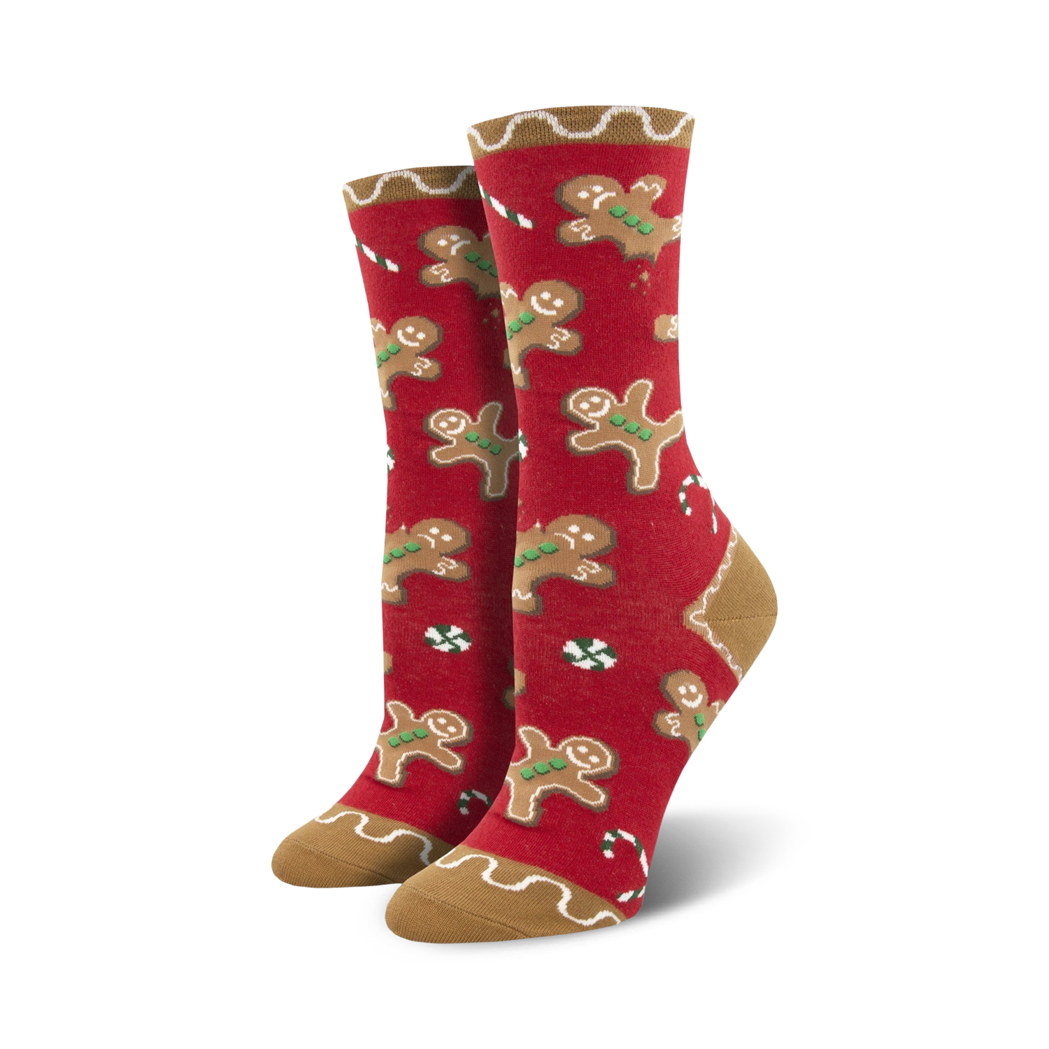 Lifestyle shot showing the red version of the Goodie Gumdrop socks, with the same gingerbread men and candy cane design.