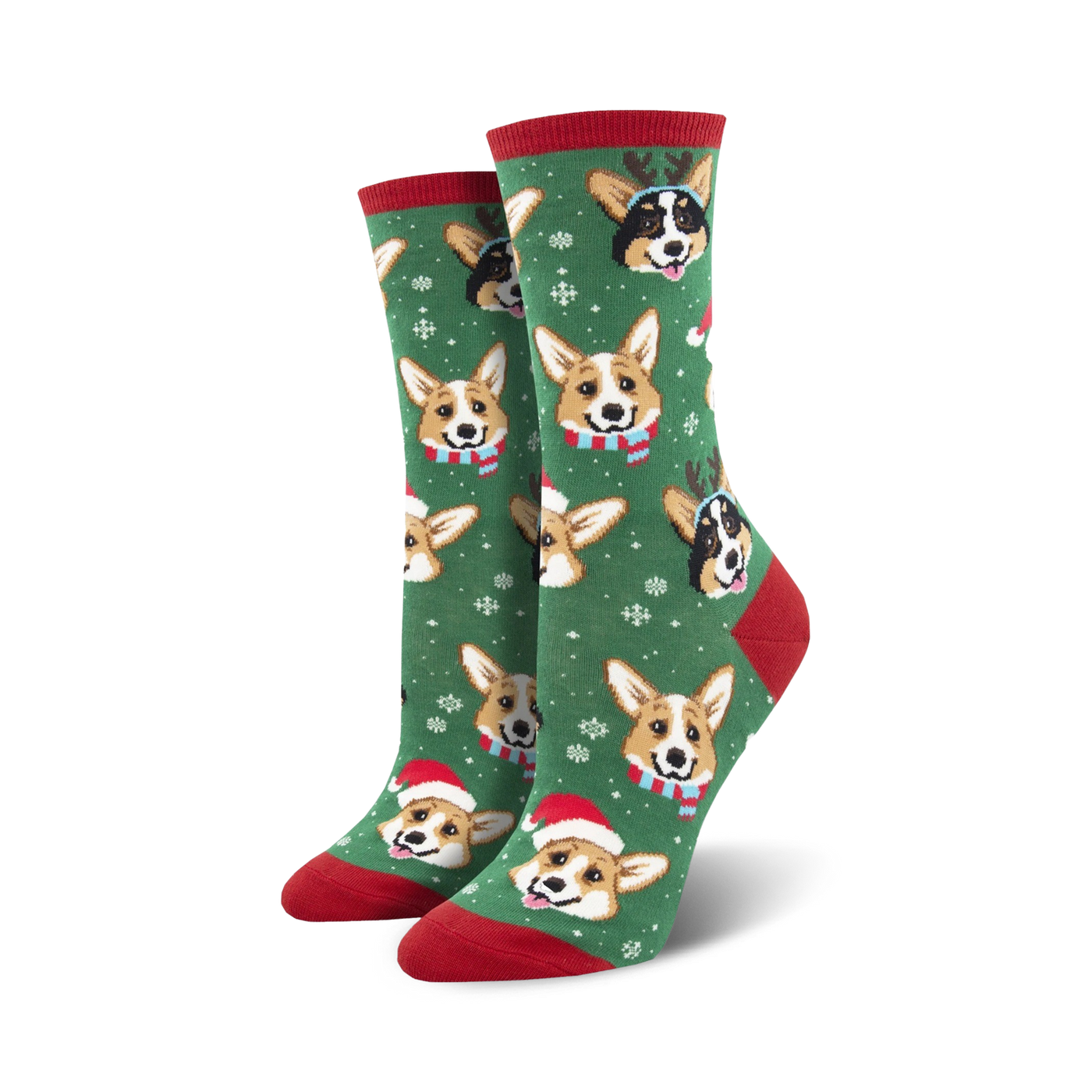 Pair of crew socks; green background with festive Corgis wearing Santa hats and reindeer antlers; snowflakes for a holiday feel.