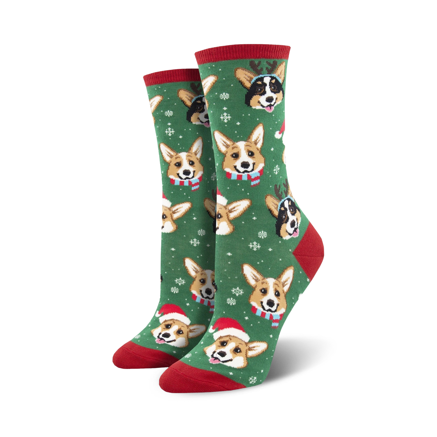 Pair of crew socks; green background with festive Corgis wearing Santa hats and reindeer antlers; snowflakes for a holiday feel.