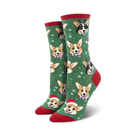 green crew socks with cartoon corgis wearing santa hats and reindeer antlers, snowflakes, for women, christmas theme.  