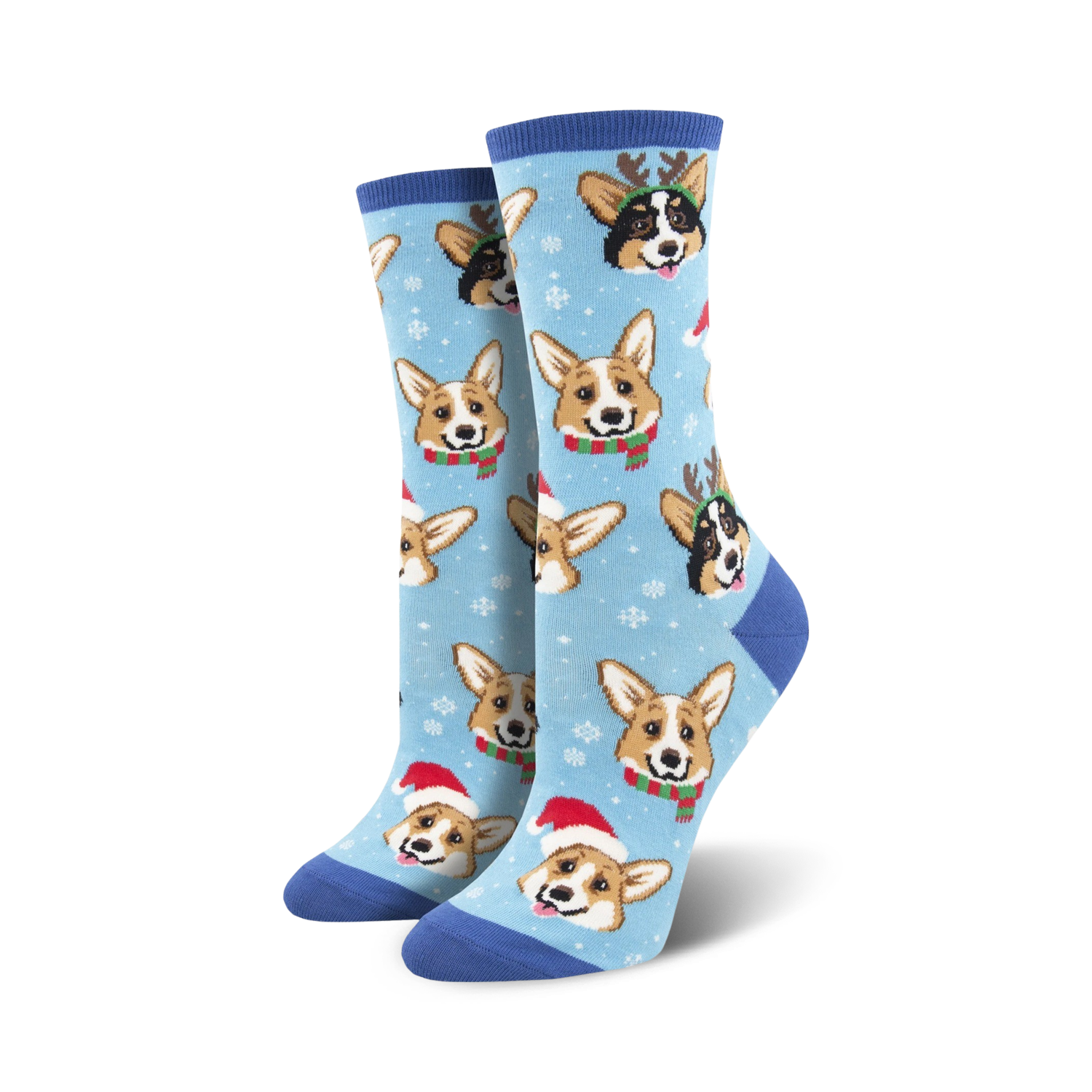 Lifestyle shot showing the light blue Happy Pawlidays socks on a model's feet.