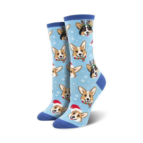 Lifestyle shot showing the light blue Happy Pawlidays socks on a model's feet.
