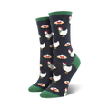 Crew socks in navy blue with a pattern of white chickens wearing Santa hats and green scarves.  Red bows and presents complete the design. Green cuffs.