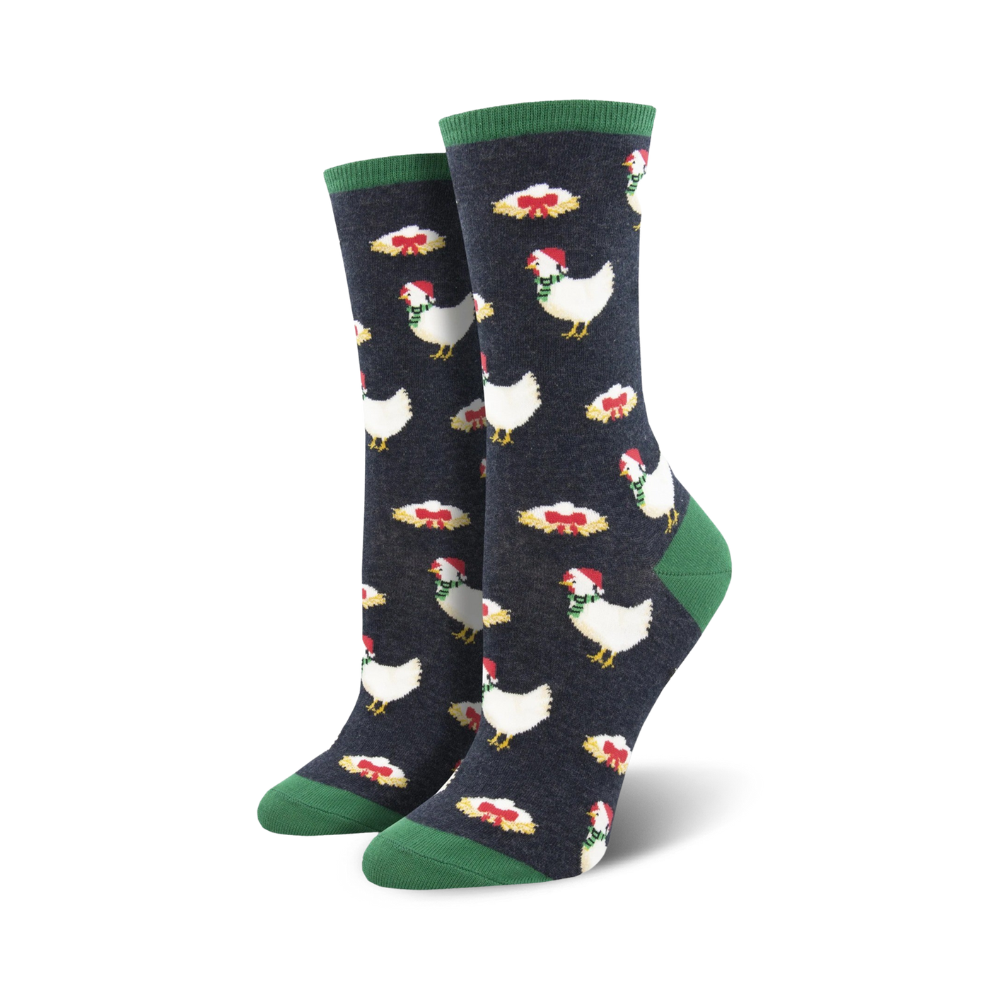 Crew socks in navy blue with a pattern of white chickens wearing Santa hats and green scarves.  Red bows and presents complete the design. Green cuffs.