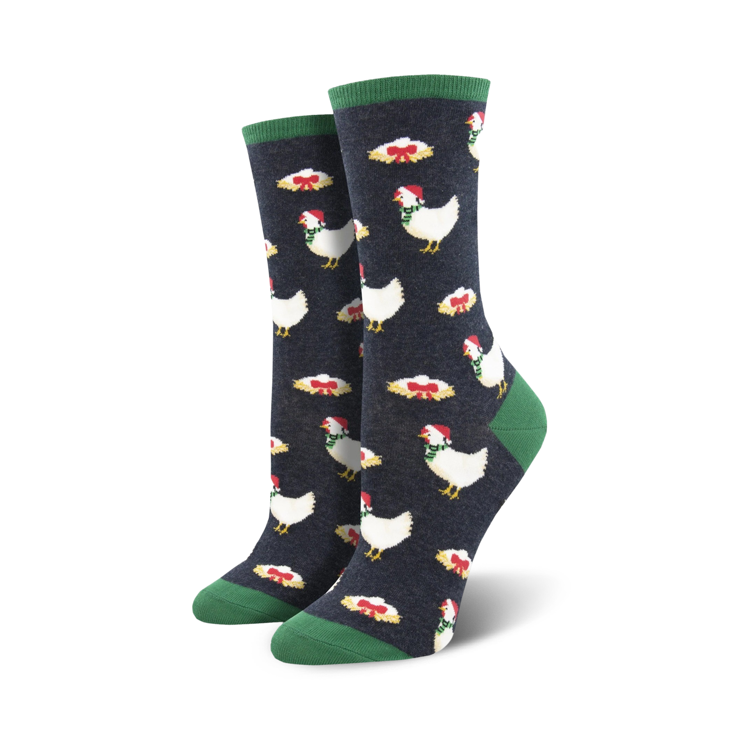 Crew socks in navy blue with a pattern of white chickens wearing Santa hats and green scarves.  Red bows and presents complete the design. Green cuffs.