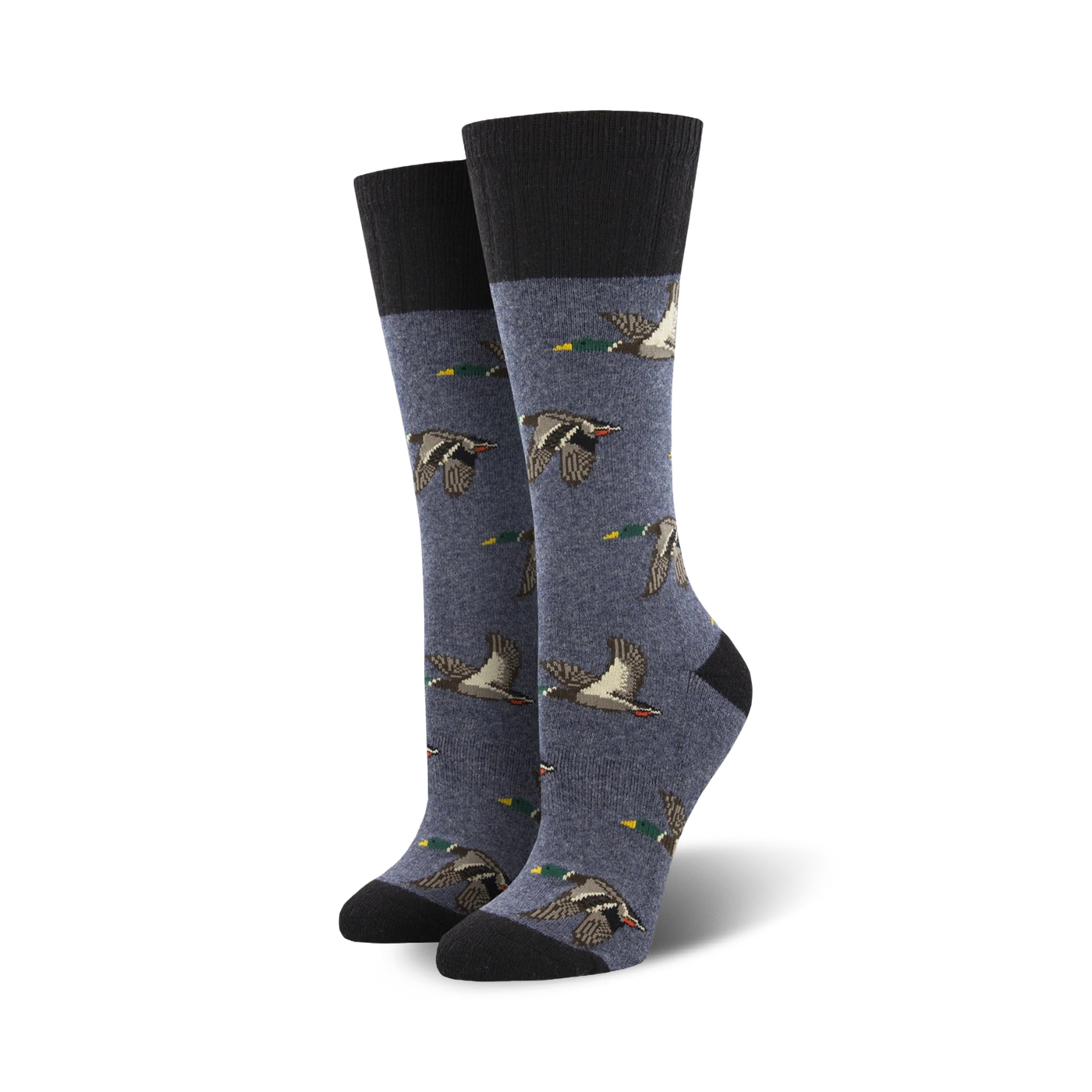 Pair of women's crew socks in blue wool blend. Features a repeating pattern of flying mallard ducks in shades of brown and green.