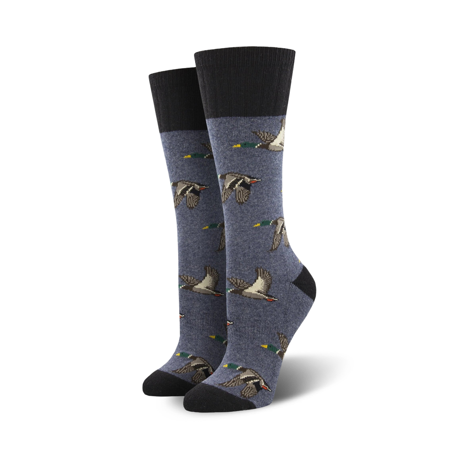 Pair of women's crew socks in blue wool blend. Features a repeating pattern of flying mallard ducks in shades of brown and green.