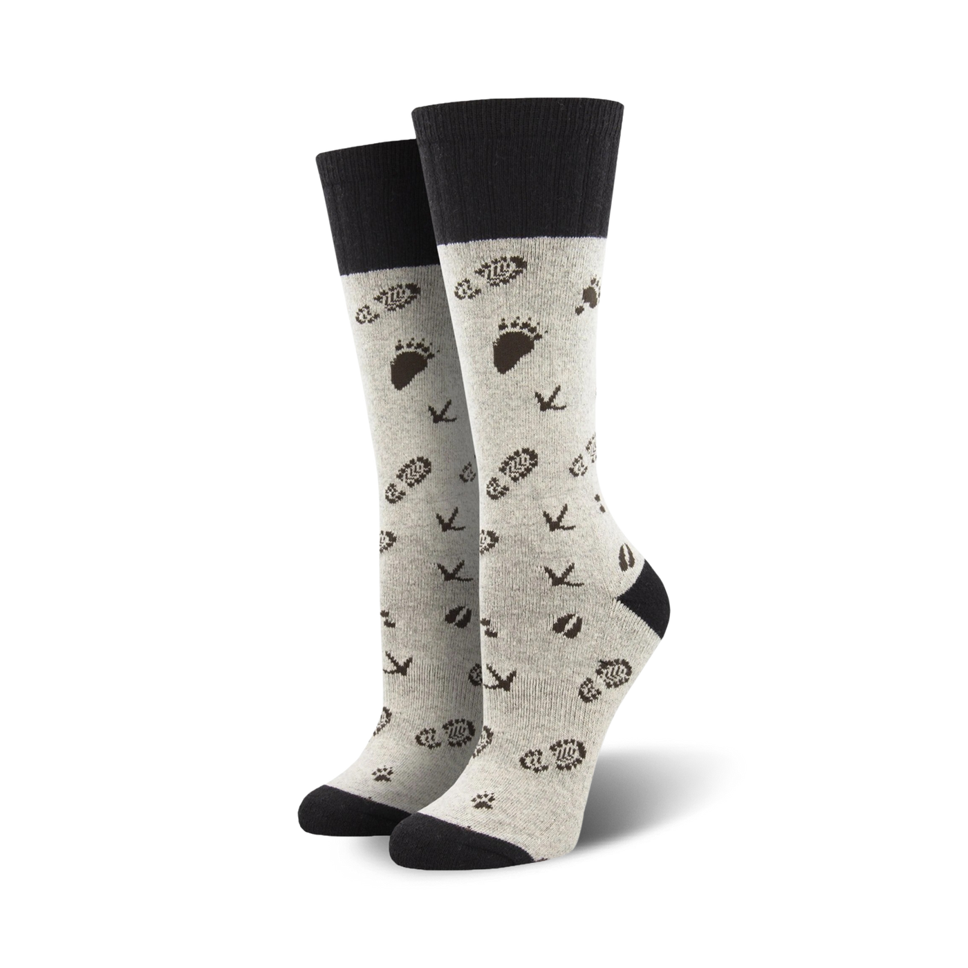 Pair of grey wool crew socks with a dark brown print of footprints and paw prints.  Black cuff.