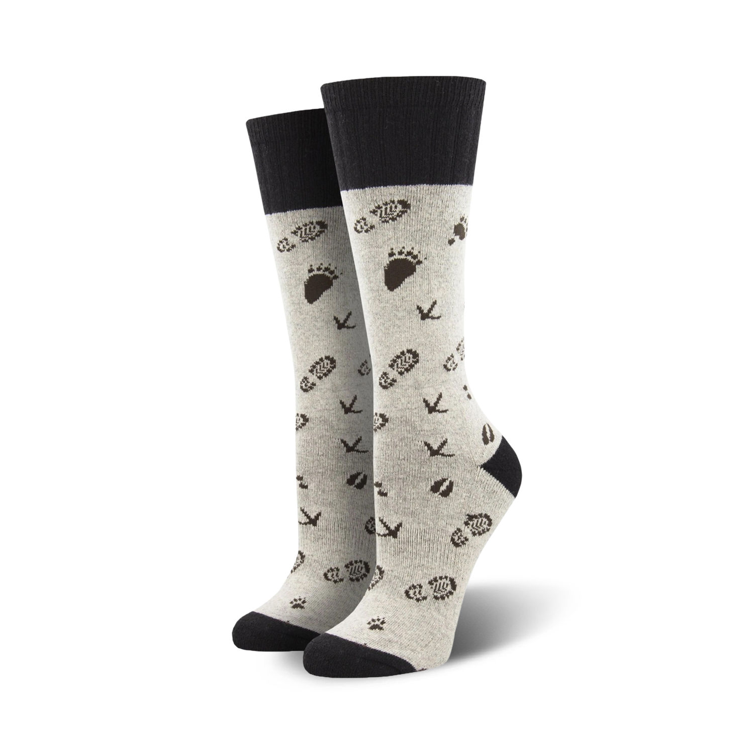 Pair of grey wool crew socks with a dark brown print of footprints and paw prints.  Black cuff.