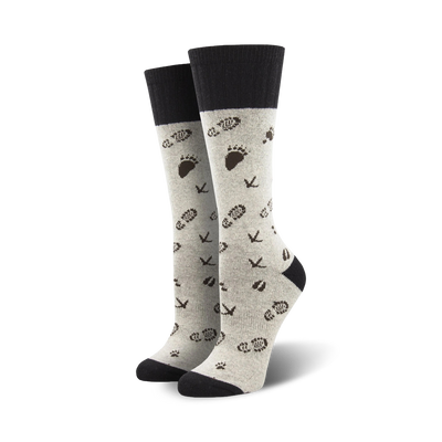 gray crew socks with a bear footprint and bird track pattern, perfect for outdoor enthusiasts.  