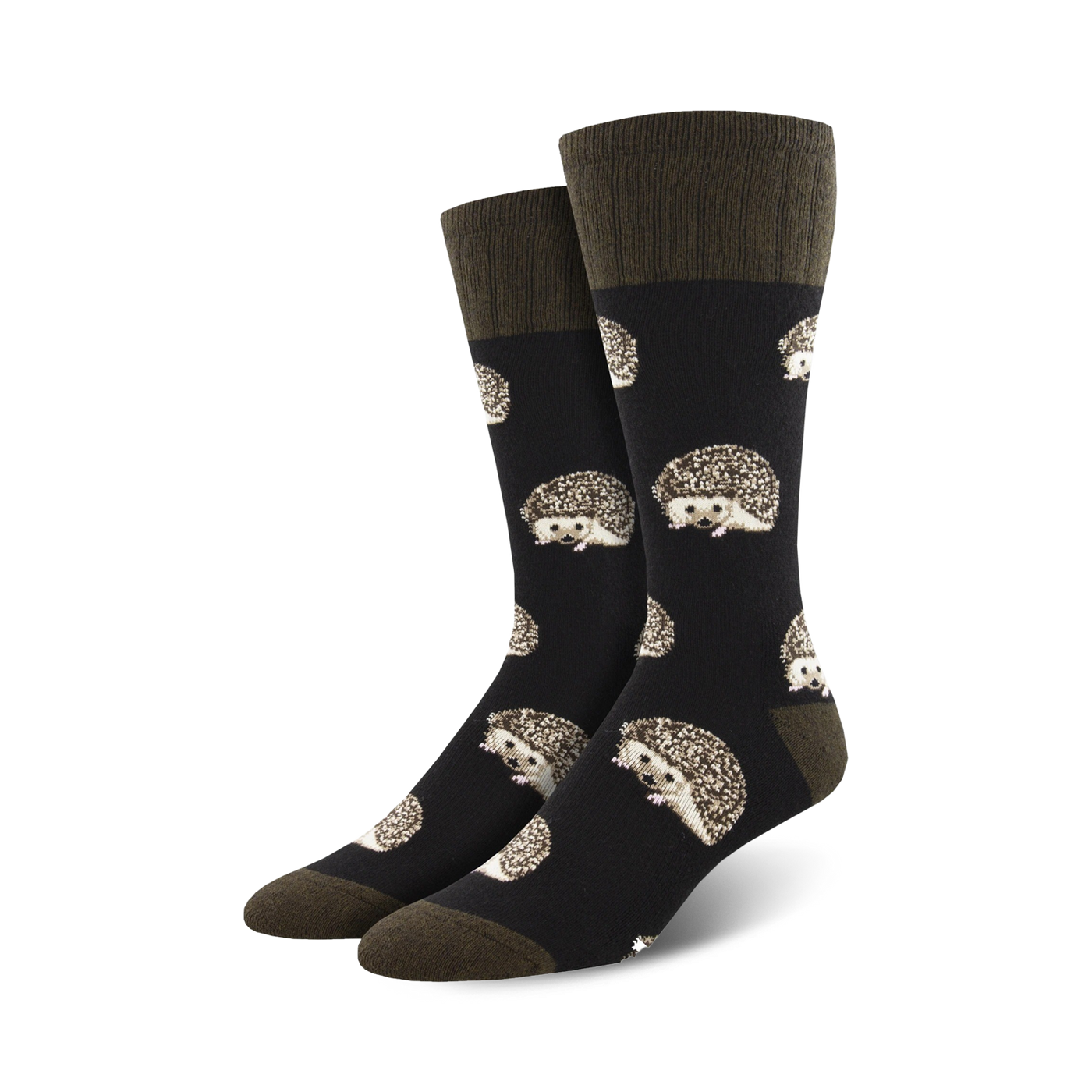 Pair of crew socks with a dark background and a repeating pattern of cute hedgehogs.  The socks are primarily dark grey/black with beige hedgehog details and olive green cuffs.