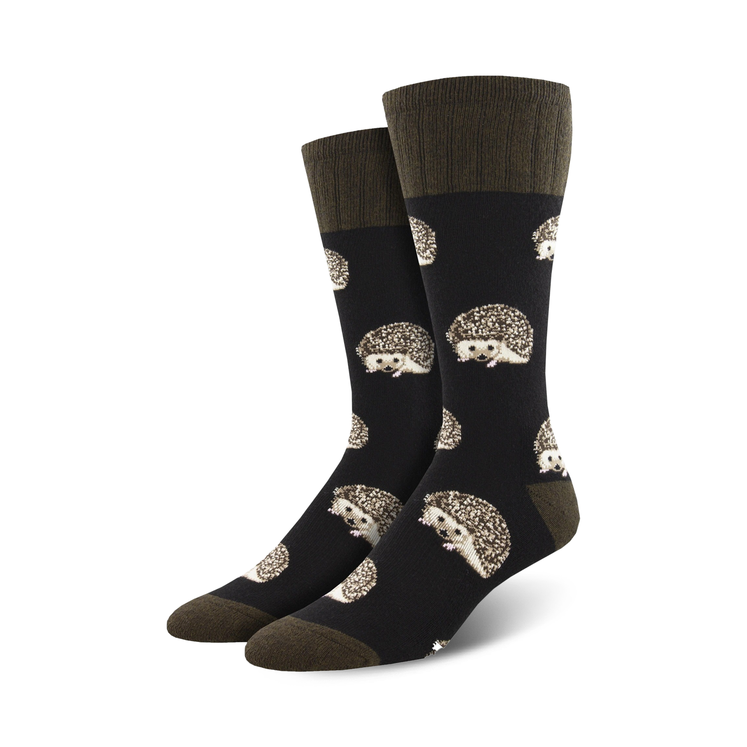 Pair of crew socks with a dark background and a repeating pattern of cute hedgehogs.  The socks are primarily dark grey/black with beige hedgehog details and olive green cuffs.