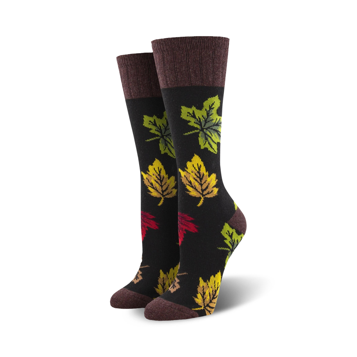 Pair of women's crew socks with autumn leaf design.  Dark background with multicolored leaves in red, yellow, and green.  Brown cuff.
