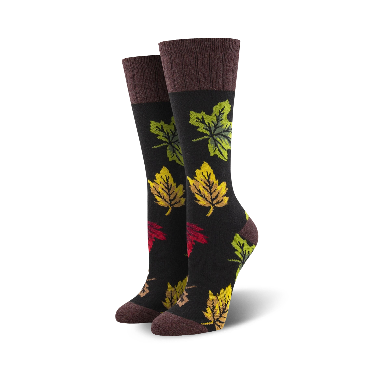 Pair of women's crew socks with autumn leaf design.  Dark background with multicolored leaves in red, yellow, and green.  Brown cuff.