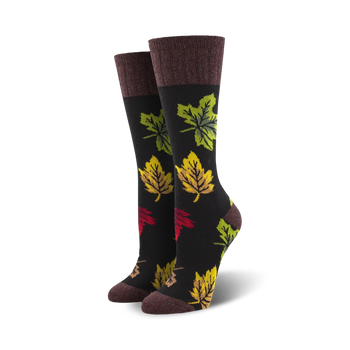 black crew socks with autumn leaf pattern, brown toes and cuffs. for men and women.  