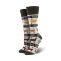 Pair of women's knee-high wool socks in beige, brown, and teal. Features a repeating pattern of llamas and geometric designs.