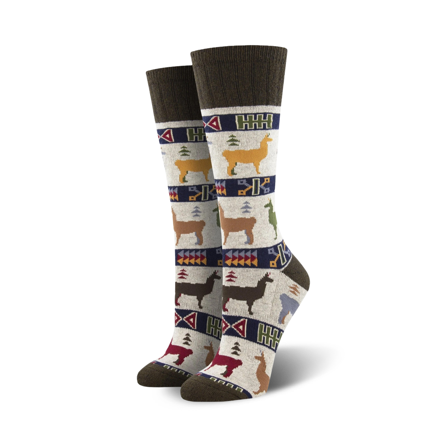 Pair of women's knee-high wool socks in beige, brown, and teal. Features a repeating pattern of llamas and geometric designs.
