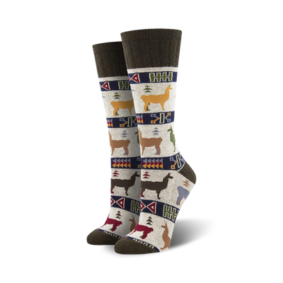 white crew llama socks with brown cuff and colorful geometric shapes.  