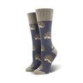A lifestyle shot showing the blue hedgehog socks on a model's feet, showcasing how they look when worn.