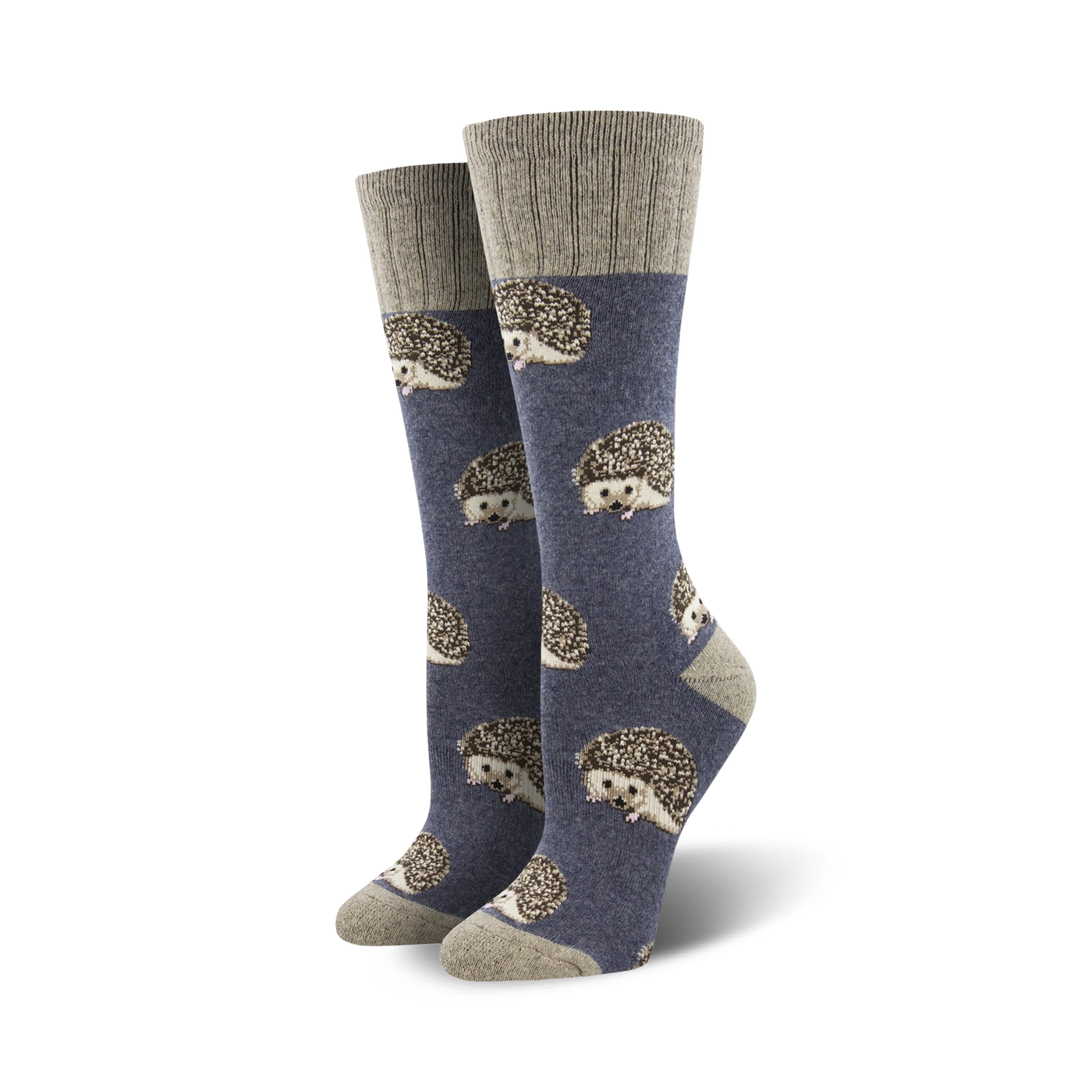 A lifestyle shot showing the blue hedgehog socks on a model's feet, showcasing how they look when worn.