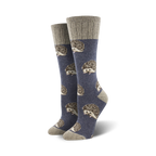 A lifestyle shot showing the blue hedgehog socks on a model's feet, showcasing how they look when worn.