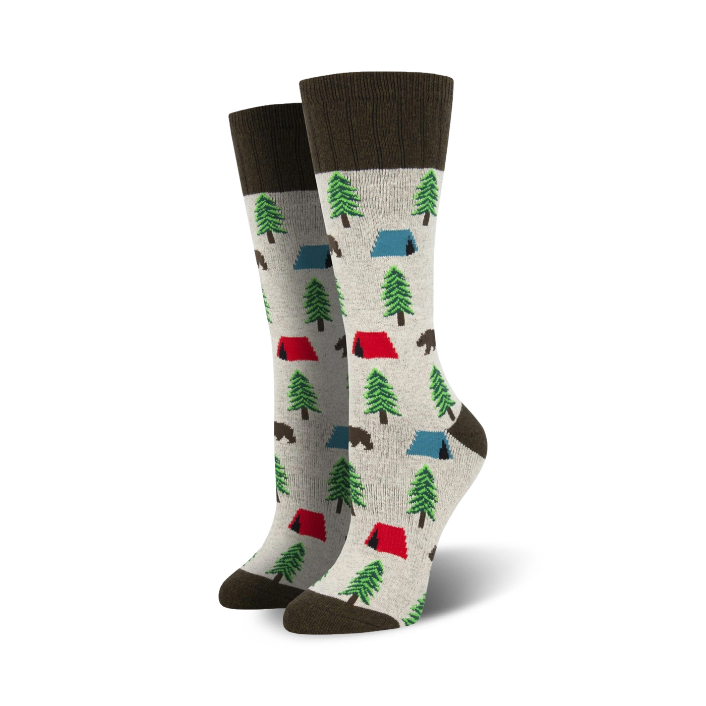 Pair of crew socks with a camping theme.  Light grey background with green trees, red and blue tents, and brown bears. Dark brown cuff.