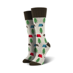 Pair of crew socks with a camping theme.  Light grey background with green trees, red and blue tents, and brown bears. Dark brown cuff.