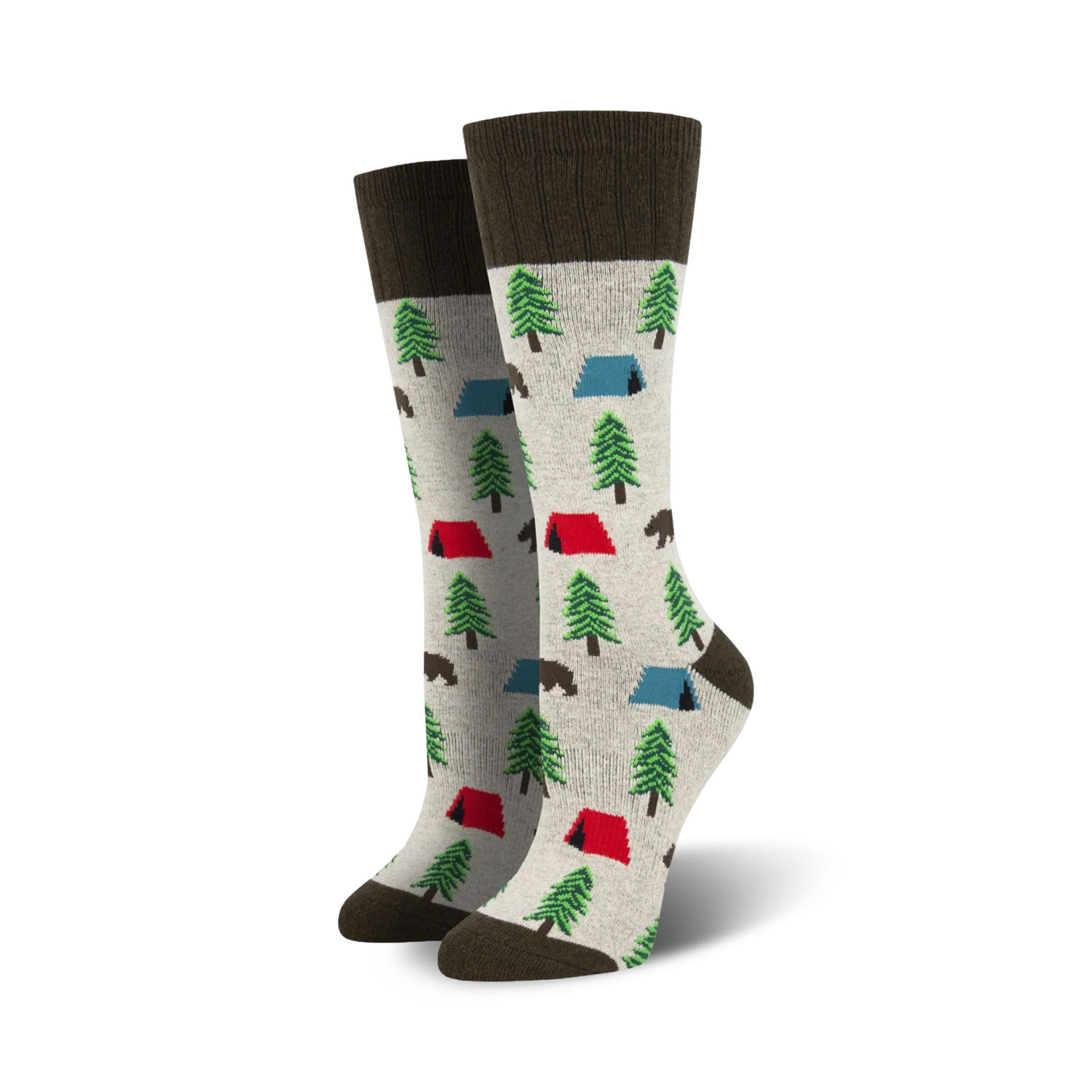 Pair of crew socks with a camping theme.  Light grey background with green trees, red and blue tents, and brown bears. Dark brown cuff.