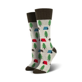 red, blue tents, green pine trees, brown bears on gray background with brown tops. unisex camping wool crew socks.  
