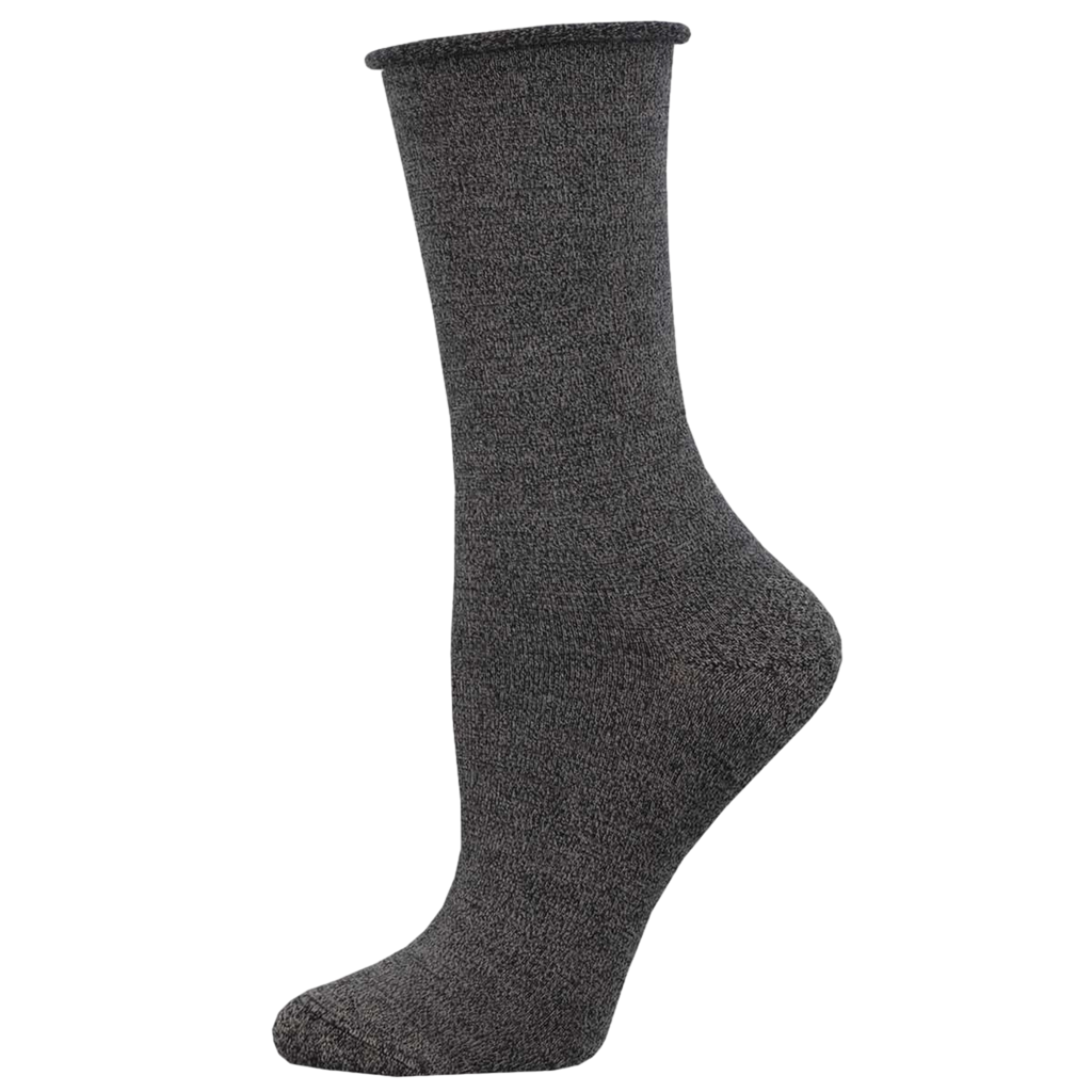 Solid black crew sock made of bamboo fabric with a relaxed roll-top cuff, displayed on a mannequin foot.