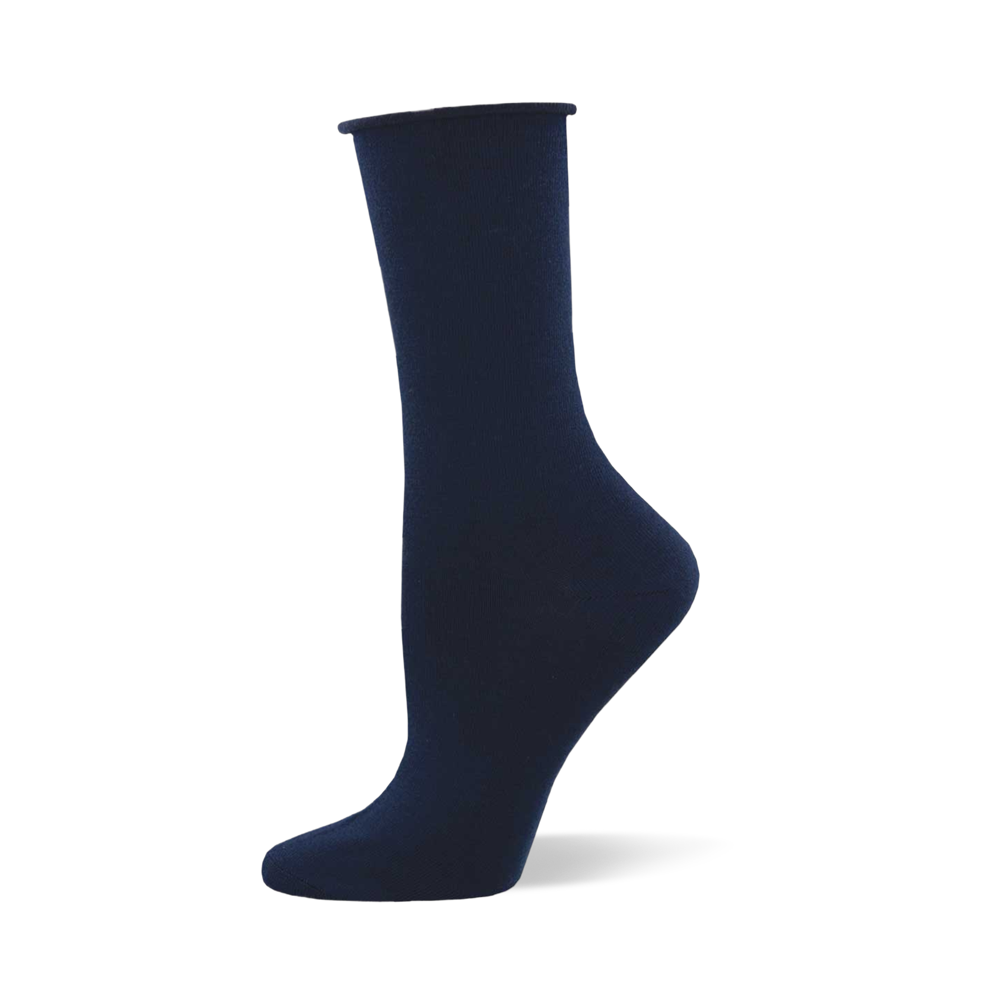 Solid black crew sock made of bamboo fabric with a relaxed roll-top cuff, displayed on a mannequin foot.
