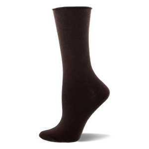 Single dark brown solid bamboo crew sock on a mannequin foot, shown from the side. Smooth texture with a finished cuff.