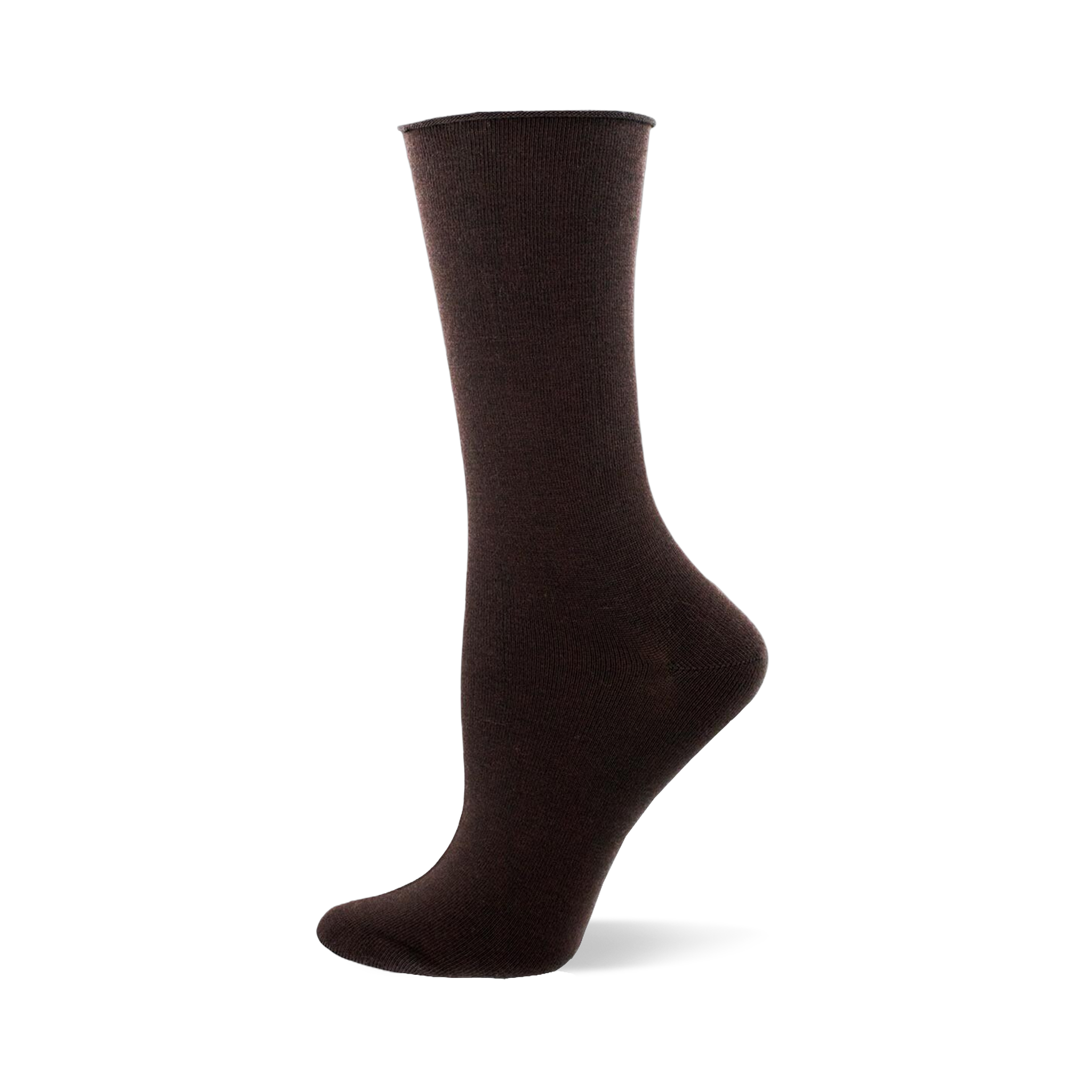 Solid dark brown bamboo crew sock featuring a loose roll-top cuff, shown on a mannequin foot.