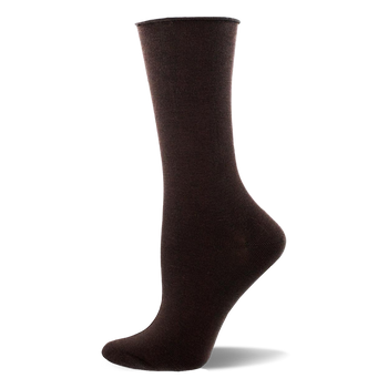 Single dark brown solid bamboo crew sock on a mannequin foot, shown from the side. Smooth texture with a finished cuff.