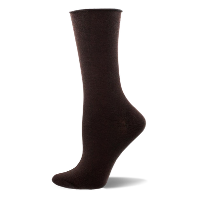 Single dark brown solid bamboo crew sock on a mannequin foot, shown from the side. Smooth texture with a finished cuff.