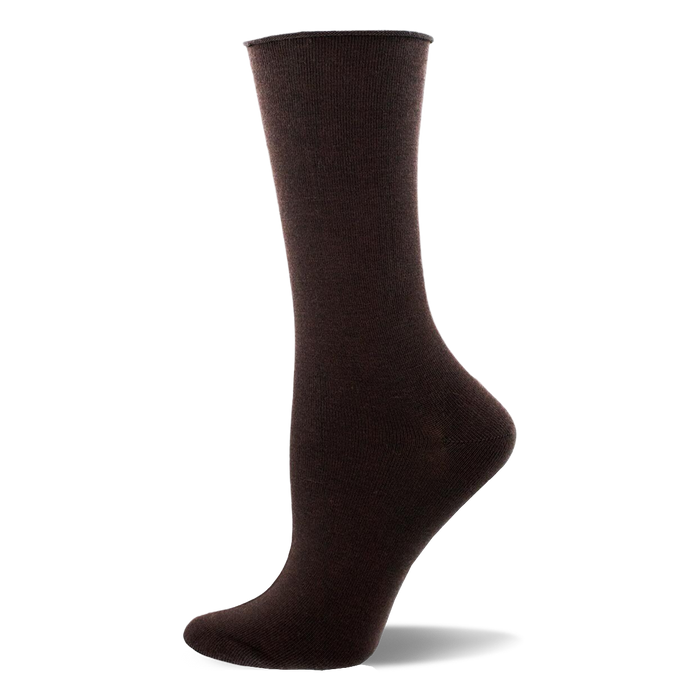 Single dark brown solid bamboo crew sock on a mannequin foot, shown from the side. Smooth texture with a finished cuff.
