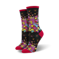 A pair of women's crew socks with a black background and a colorful array of hearts in pink, purple, yellow, and teal. The socks have red cuffs.