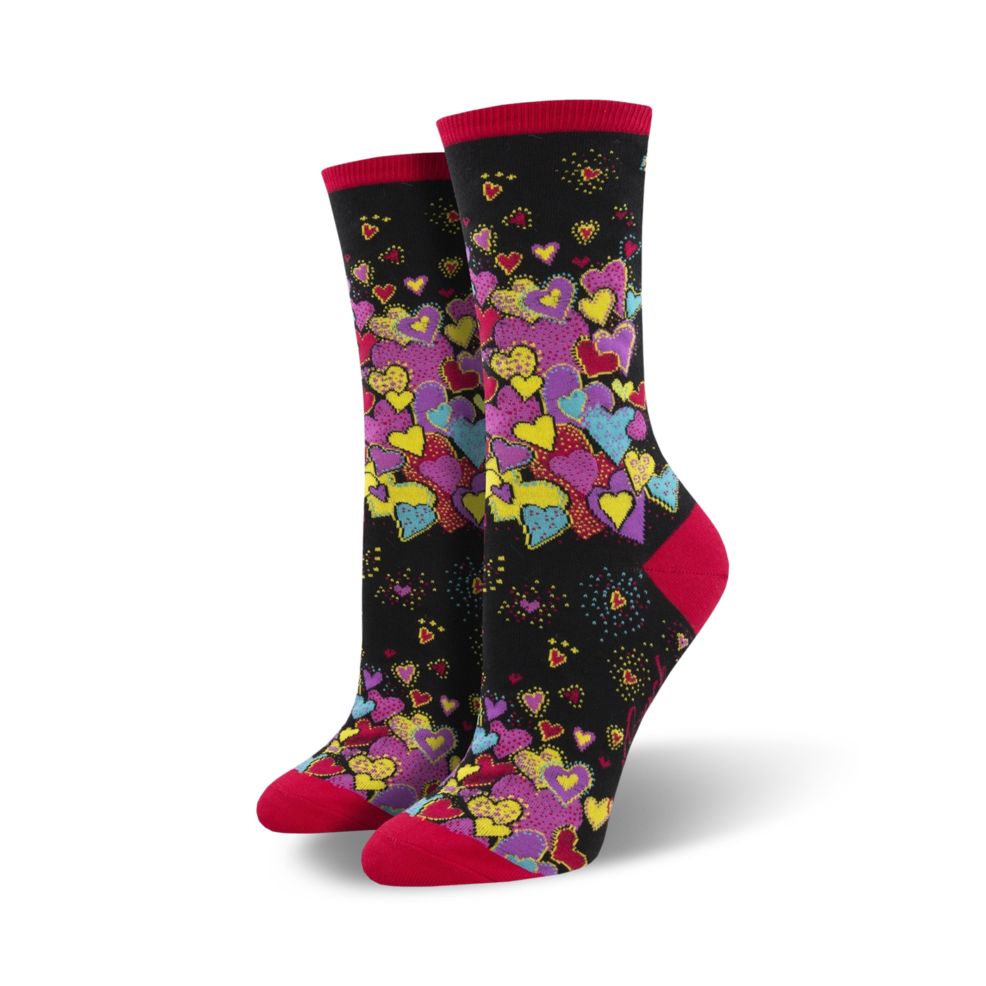 A pair of women's crew socks with a black background and a colorful array of hearts in pink, purple, yellow, and teal. The socks have red cuffs.