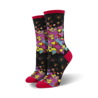 A pair of women's crew socks with a black background and a colorful array of hearts in pink, purple, yellow, and teal. The socks have red cuffs.