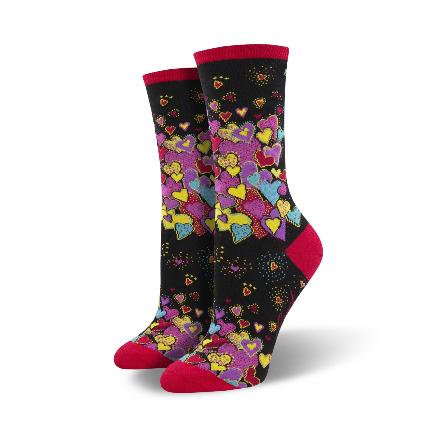 A pair of women's crew socks with a black background and a colorful array of hearts in pink, purple, yellow, and teal. The socks have red cuffs.
