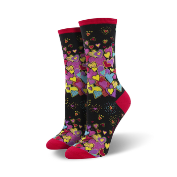 black & colorful hearts women's crew socks, featuring red toe & heel, perfect for everyday wear.  