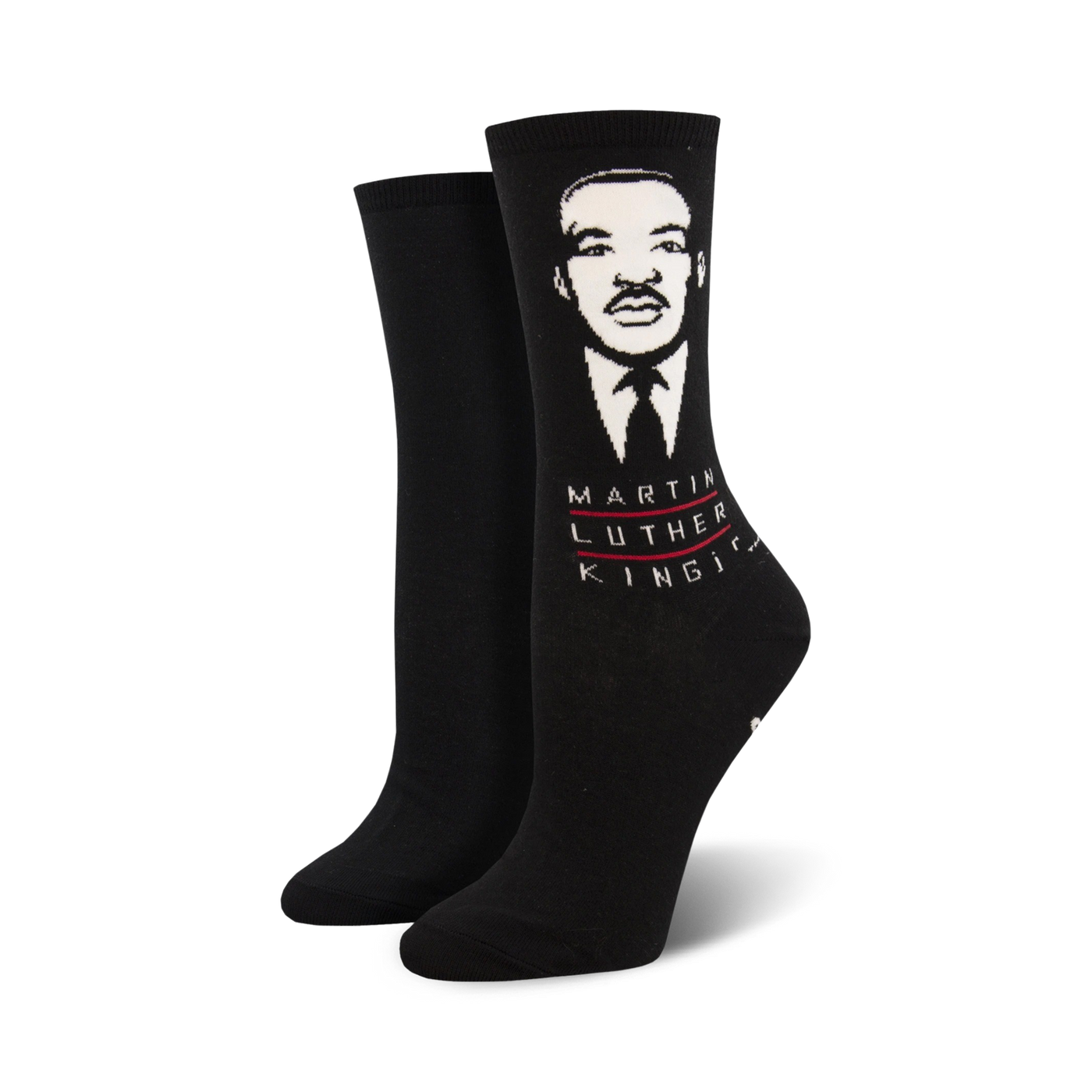 Black crew socks with a white portrait of Martin Luther King Jr. and his name in red and white.