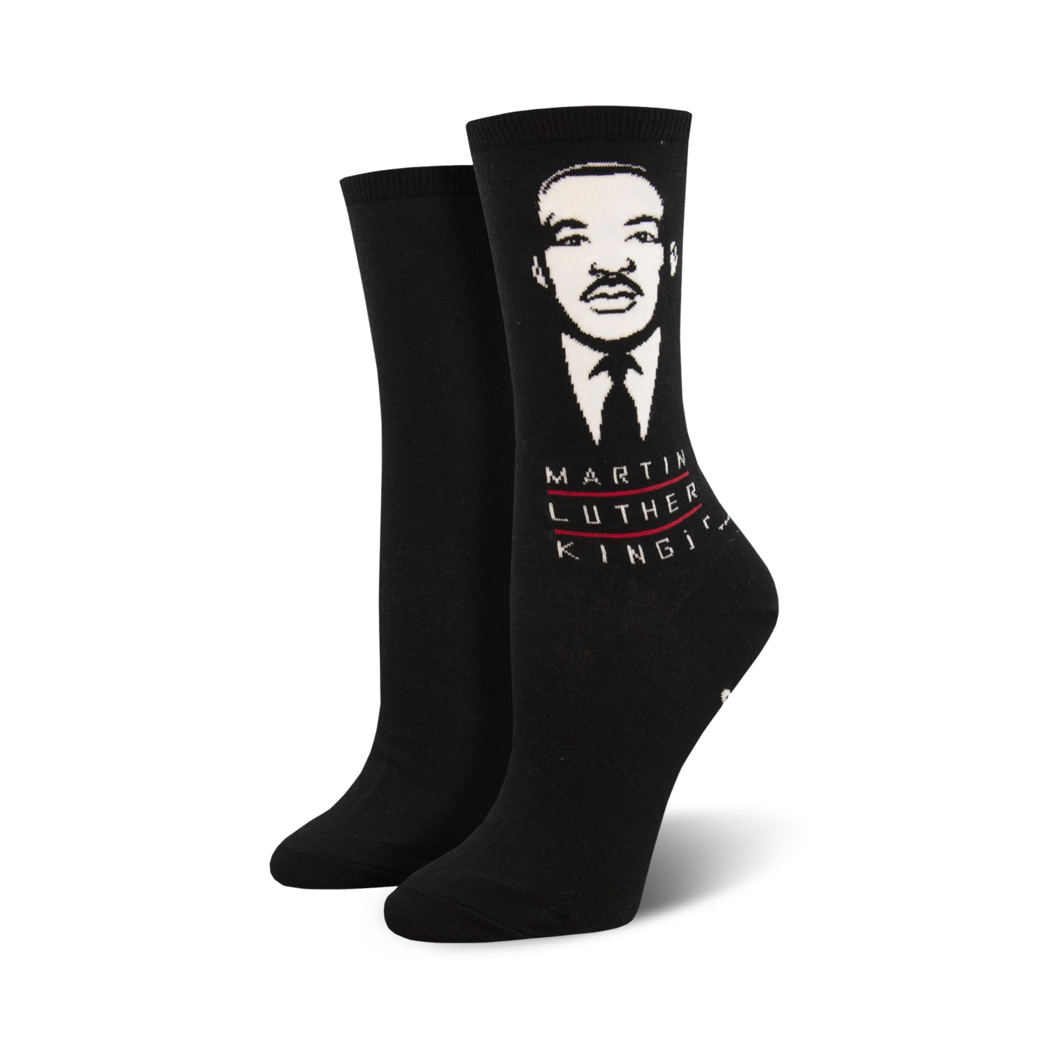 Black crew socks with a white portrait of Martin Luther King Jr. and his name in red and white.
