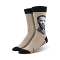 Tan crew socks with a black and white portrait of Martin Luther King Jr. and his signature. 