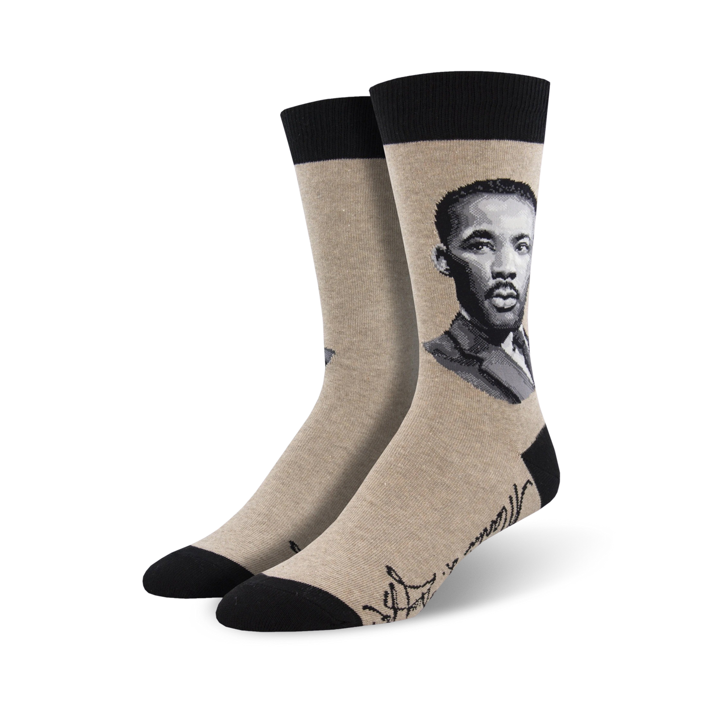 Tan crew socks with a black and white portrait of Martin Luther King Jr. and his signature. 