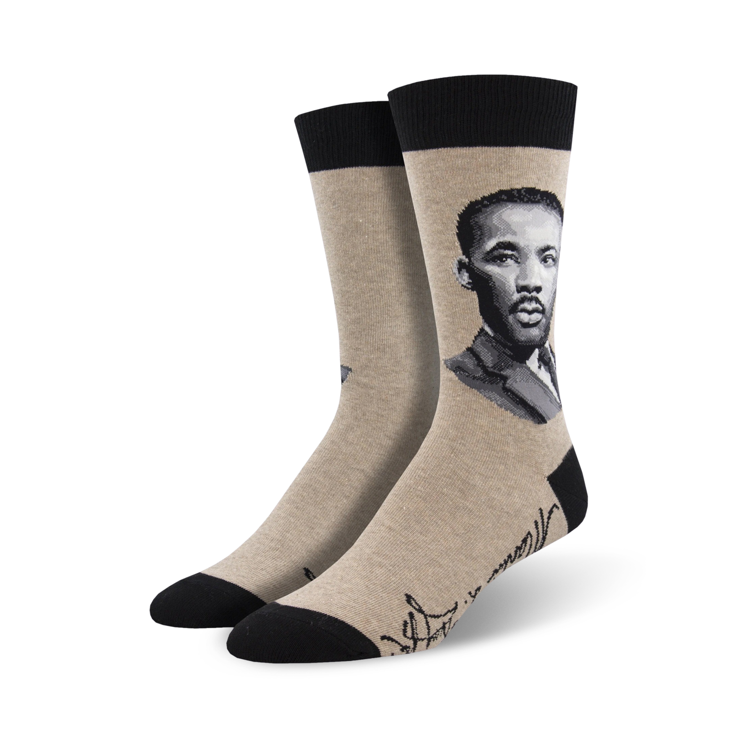 Tan crew socks with a black and white portrait of Martin Luther King Jr. and his signature. 
