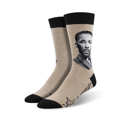 men's beige crew socks with portrait of martin luther king, jr.   